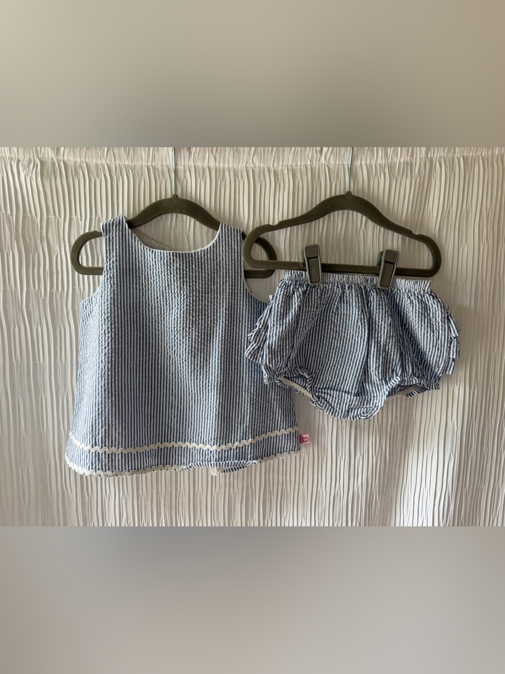 RuffleButts | Blue White Seersucker 2-Piece Set | 2T
